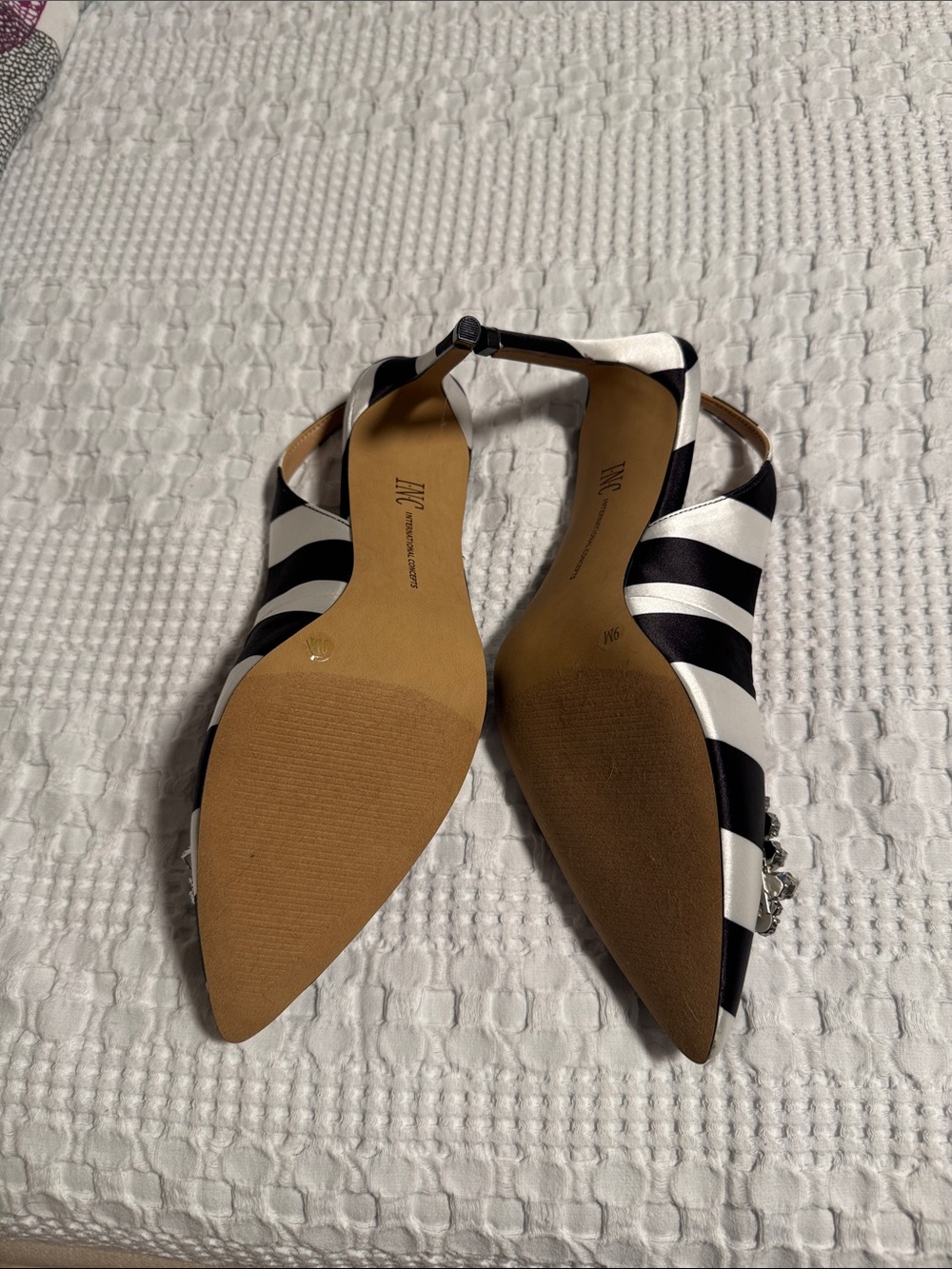 Striped Black and White Slingback Heels with Crystal Buckle - Picture 2 of 6